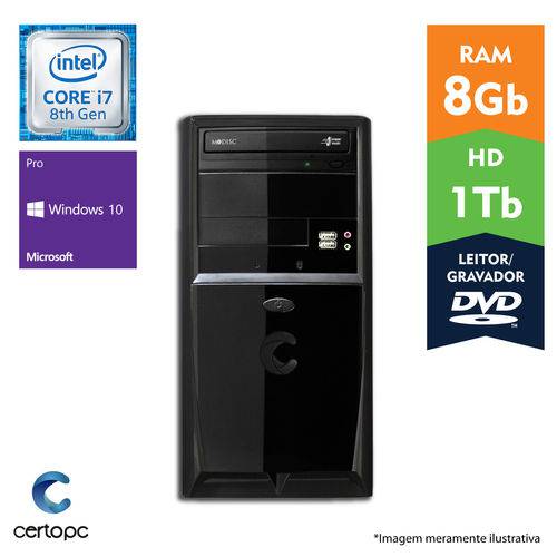 Computador Intel Core I7 8° Geração 8GB HD 1TB DVD Windows 10 PRO Certo PC Desempenho 1012