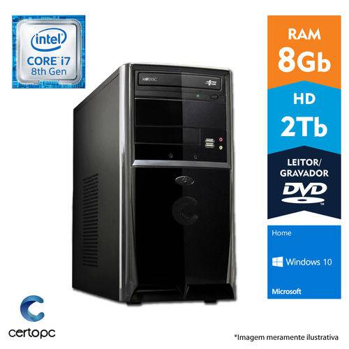 Computador Intel Core I7 8° Geração 8GB HD 2TB DVD Windows 10 Home Certo PC Desempenho 1023