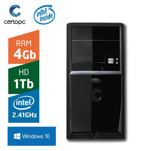 Computador Intel Dual Core 2.41GHz 4GB HD 1TB com Windows 10 Certo PC FIT 1029