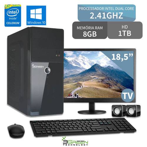 Computador Intel Dual Core 8GB HD 1TB Monitor Led 18,5 Windows 10 Tv 3GREEN Triumph Business Desktop
