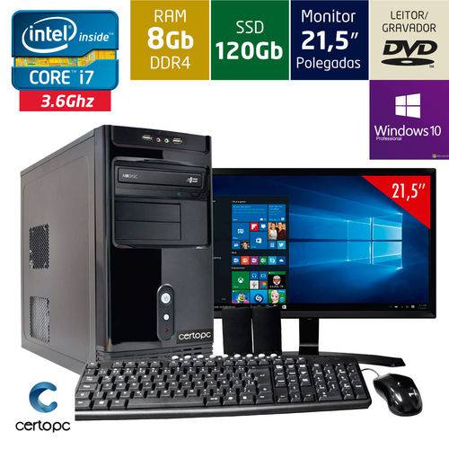 Computador + Monitor 21,5’’ Intel Core I7 8gb Ssd 120gb Dvd com Windows 10 Pro Certo Pc Desempenho 9