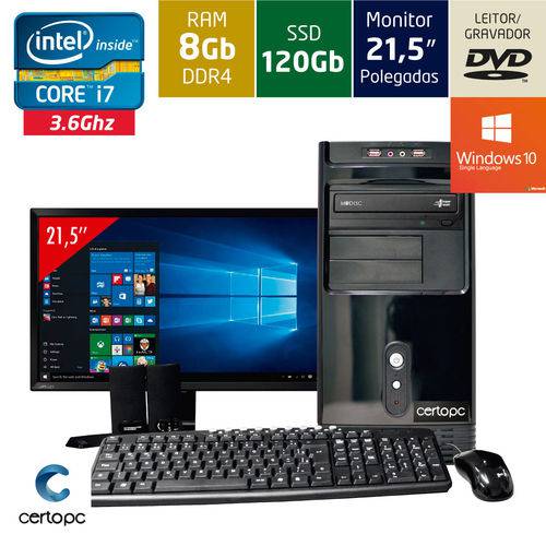 Computador + Monitor 21,5’’ Intel Core I7 8gb Ssd 120gb Dvd com Windows 10 Sl Certo Pc Desempenho 95