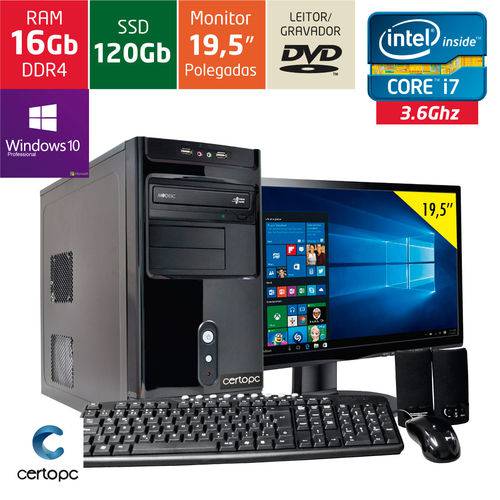 Computador + Monitor 19,5’’ Intel Core I7 16gb Ssd 120 Gb Dvd com Windows 10 Pro Certo Pc Desempenho