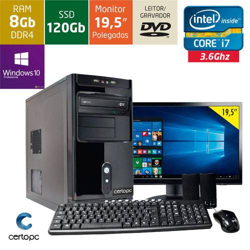 Computador + Monitor 19,5’’ Intel Core I7 8gb Ssd 120gb Dvd com Windows 10 Pro Certo Pc Desempenho 9