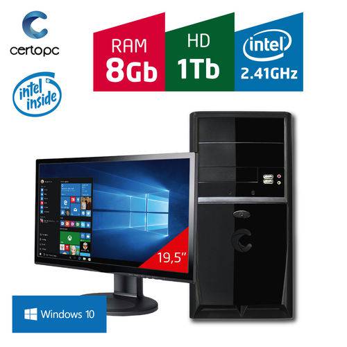 Computador + Monitor 19,5'' Intel Dual Core 2.41GHz 8GB HD 1TB com Windows 10 Certo PC FIT 1093