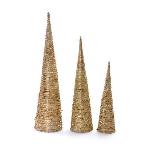 Cone Árvore Rattan Decoração Natal 3 Pçs 60/80/100cm Dourado