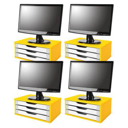 Conj com 4 Suportes para Monitor em Mdf Amarelo com 3 Gavetas Brancas