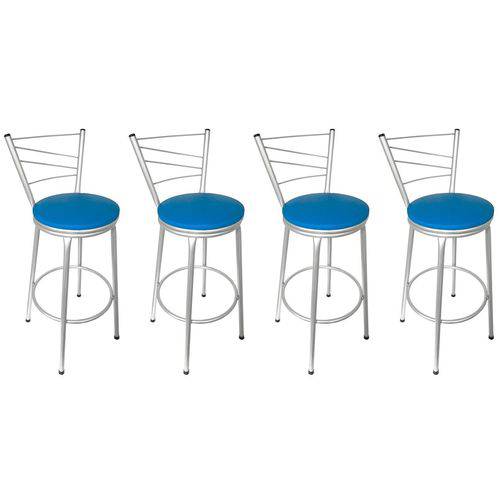 Conjunto 4 Banquetas Clássica Tubo Cinza com Assento Azul - Itagold