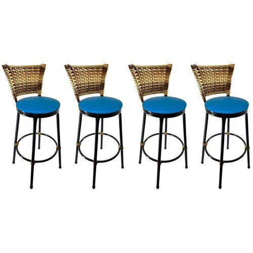 Conjunto 4 Banquetas Eleganza Junco Cappuccino Assento Azul - Itagold