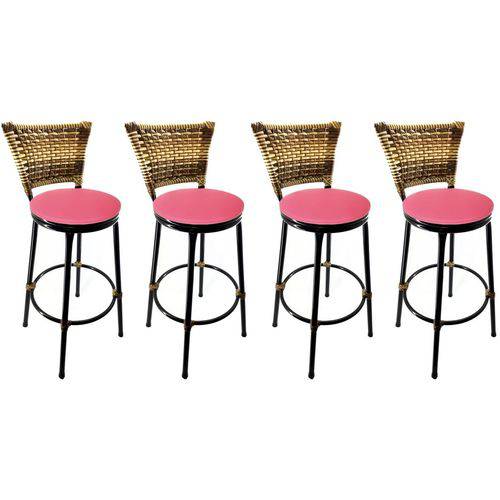 Conjunto 4 Banquetas Eleganza Junco Cappuccino Assento Pink - Itagold
