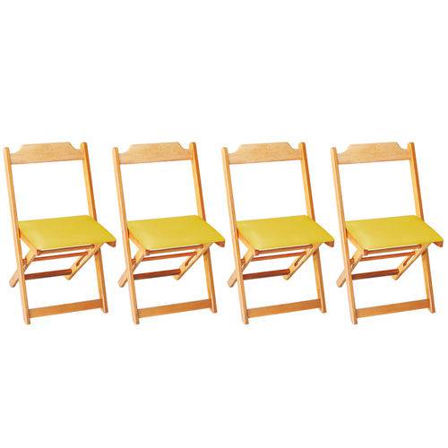 Conjunto 4 Cadeiras Dobrável Madeira Maciça Natural com Estofado - Amarelo