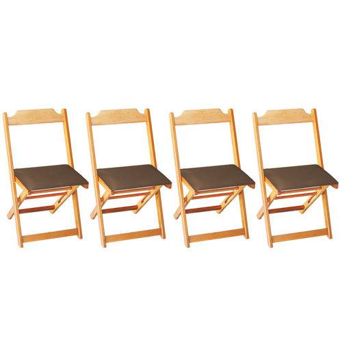 Conjunto 4 Cadeiras Dobrável Madeira Maciça Natural com Estofado - Marrom