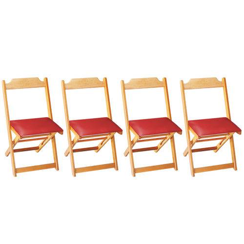 Conjunto 4 Cadeiras Dobrável Madeira Maciça Natural com Estofado - Vermelho