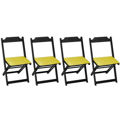 Conjunto 4 Cadeiras Dobrável Madeira Maciça Preta com Estofado - Amarelo