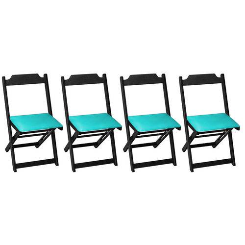 Conjunto 4 Cadeiras Dobrável Madeira Maciça Preta com Estofado - Azul