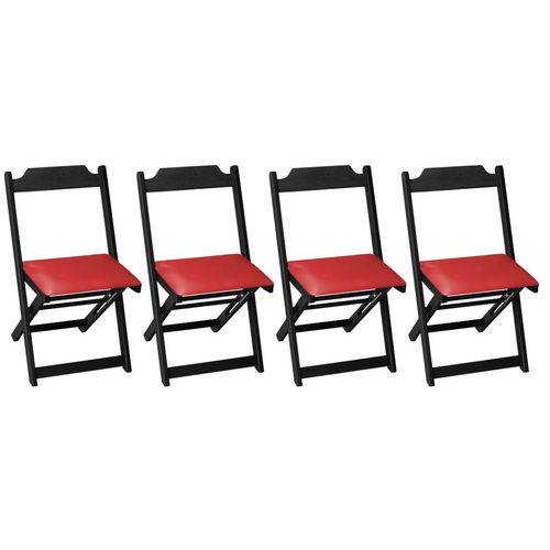 Conjunto 4 Cadeiras Dobrável Madeira Maciça Preta com Estofado - Vermelho