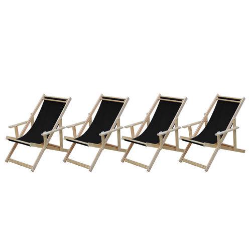 Conjunto 4 Cadeiras Espreguiçadeiras Preguiçosa Dobrável Madeira Maciça Natural com Tecido Preto Móveis Brasil
