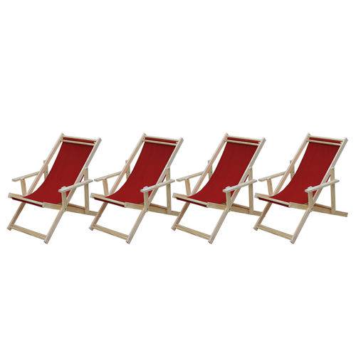 Conjunto 4 Cadeiras Espreguiçadeiras Preguiçosa Dobrável Madeira Maciça Natural com Tecido Vermelho