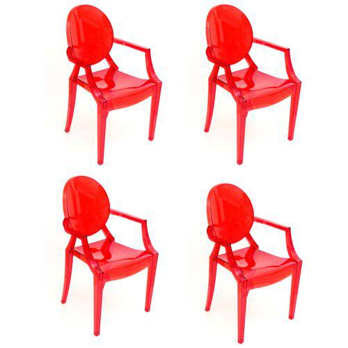 Conjunto 4 Cadeiras Louis Ghost com Braço Vermelha Translúcido