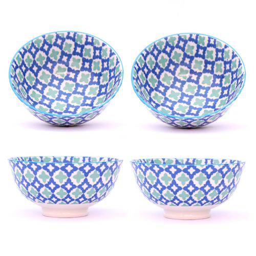 Conjunto 4 Tigelas Bowl Cumbuca Decorado 300ml Floral Cinza e Azul