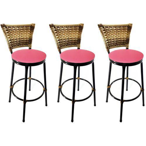 Conjunto 3 Banquetas Eleganza Junco Cappuccino Assento Pink - Itagold