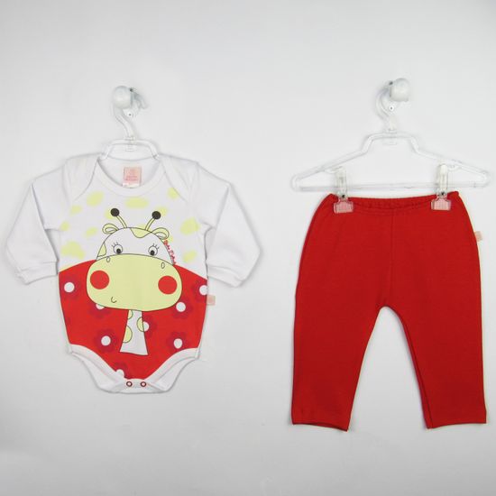 Conjunto Bebê Feminino Body Manga Longa Branco Girafa e Calça Vermelha -M