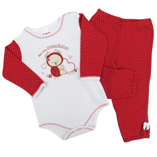 Conjunto Bebê Feminino Body Manga Longa e Calça Branco com Vermelho Joaninha-P