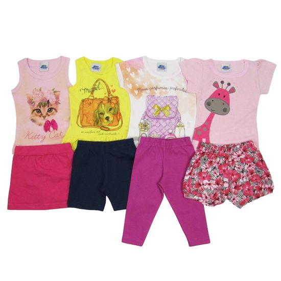 Conjunto Bebê Feminino Verão Kit com 4 Unidades Rosa, Amarelo, Branco e Rosa-1