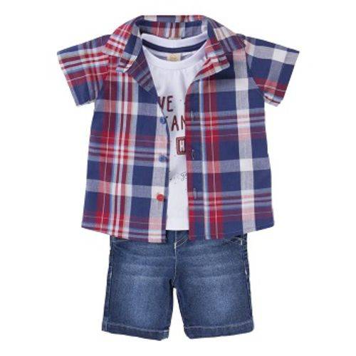 Conjunto Bebê Masculino 3 Peças Jeans e Xadrez Vermelho Dindon