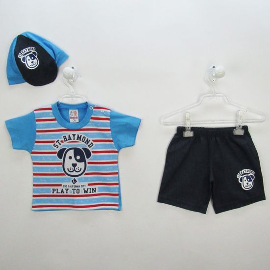 Conjunto Bebê Masculino Verão Camiseta Listrada e Bermuda Jeans com Boné Cachorro-P