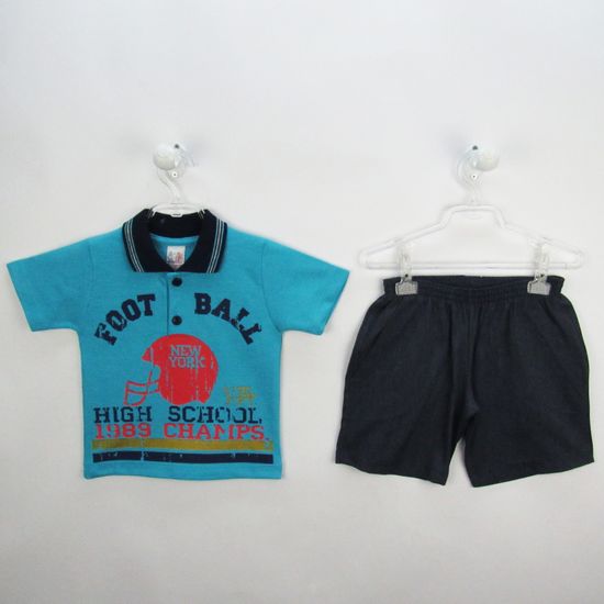 Conjunto Bebê Masculino Verão Camiseta Polo Azul Turquesa e Bermuda Jeans-2