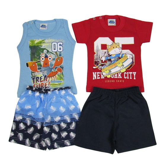 Conjunto Bebê Masculino Verão Kit com 2 Unidades Azul Jeans e Vermelho-M
