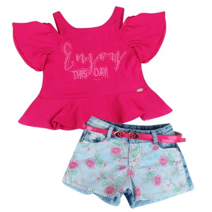 Conjunto Blusa e Shorts Enjoy - Pink com Jeans - Petit Cherie-4anos