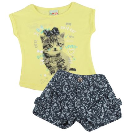 Conjunto Blusa e Shorts Jeans Cute Cat - Amarelo - Have Fun-M