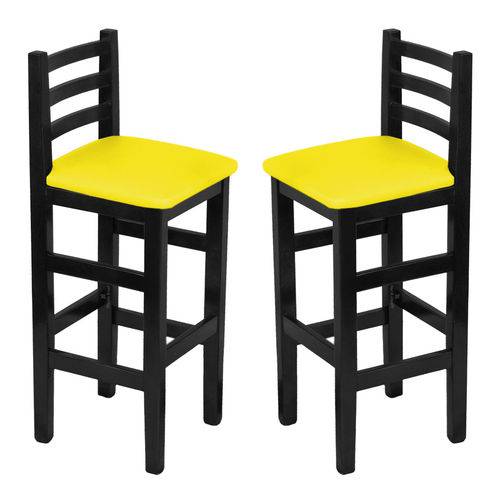 Conjunto 2 Cadeiras Bistrô Fixa em Madeira Maciça Preta Estofado Amarelo