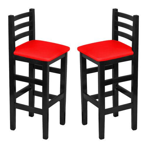 Conjunto 2 Cadeiras Bistrô Fixa em Madeira Maciça Preta Estofado Vermelho