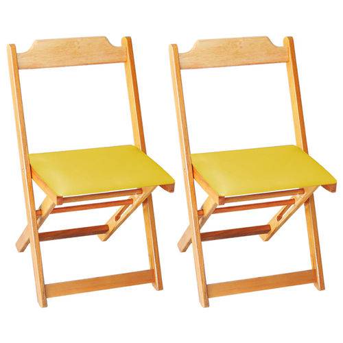 Conjunto 2 Cadeiras Dobrável Madeira Maciça Natural com Estofado - Amarelo