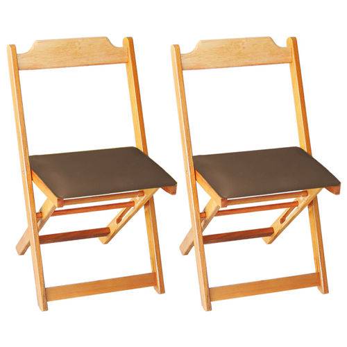 Conjunto 2 Cadeiras Dobrável Madeira Maciça Natural com Estofado - Marrom