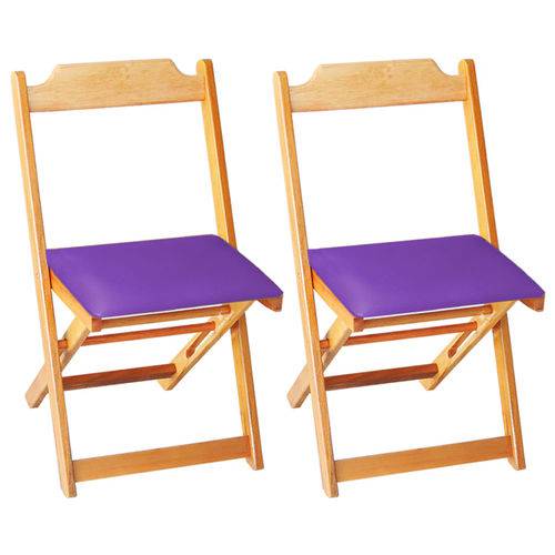 Conjunto 2 Cadeiras Dobrável Madeira Maciça Natural com Estofado - Roxo