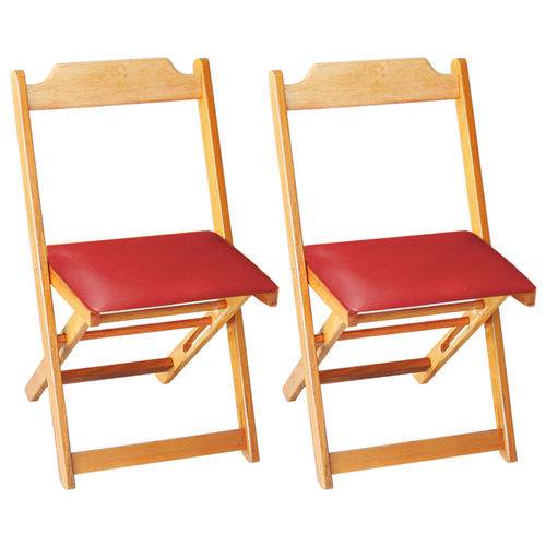 Conjunto 2 Cadeiras Dobrável Madeira Maciça Natural com Estofado - Vermelho