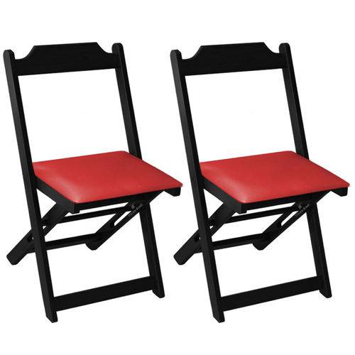 Conjunto 2 Cadeiras Dobrável Madeira Maciça Preta com Estofado - Vermelho