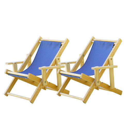 Conjunto 2 Cadeiras Espreguiçadeira Dobrável Infantil Madeira Maciça Natural com Tecido Azul
