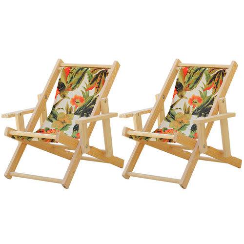 Conjunto 2 Cadeiras Espreguiçadeira Dobrável Infantil Madeira Maciça Natural com Tecido Tucano