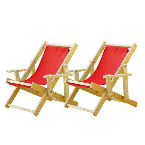 Conjunto 2 Cadeiras Espreguiçadeira Dobrável Infantil Madeira Maciça Natural com Tecido Vermelho