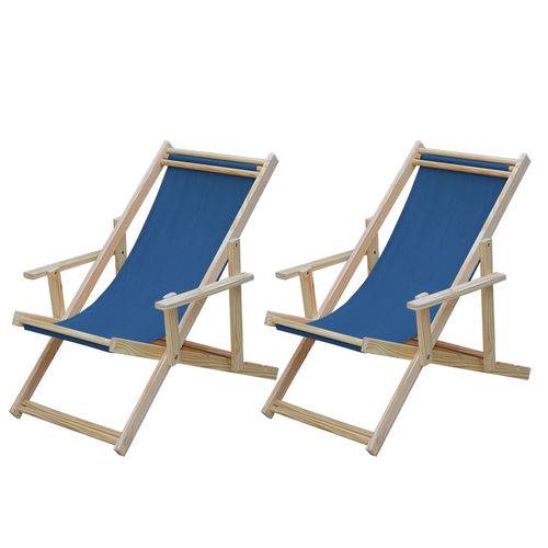 Conjunto 2 Cadeiras Espreguiçadeira Dobrável Madeira Maciça Natural com Tecido Azul - Móveis Brasil