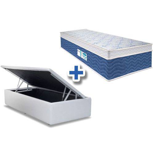 Conjunto Cama Box Baú - Colchão Probel de Molas Prolastic ProDormir Blue Euro Pillow + Cama Box Baú Courino Bianco - Solteiro 0,88x1,88