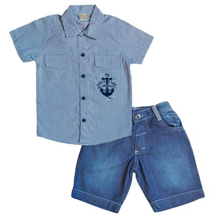Conjunto Camisa e Bermuda Jeans Marinheiro - Azul - Have Fun-3anos