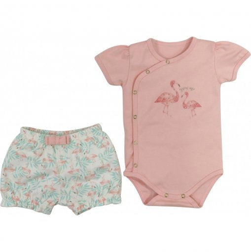 Conjunto Camiseta C/ Shorts Bebê Grow Up Menina em Algodão Flamingos