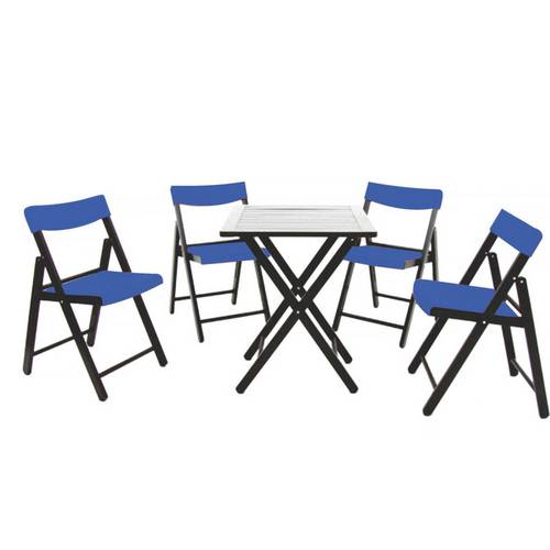 Conjunto com 1 Mesa e 4 Cadeiras de Madeira Tabaco e Plástico Azul - POTENZA - Tramontina