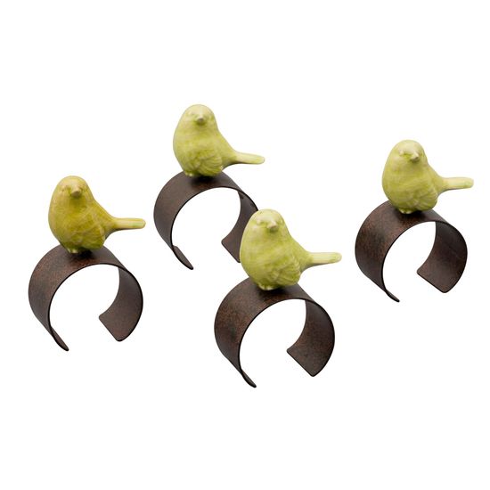 Conjunto com 4 Porta Guardanapos Bird de Zamac com Passaro de Cerâmica Amarelo e Ferrugem 5,7X3,5X9,7 Cm